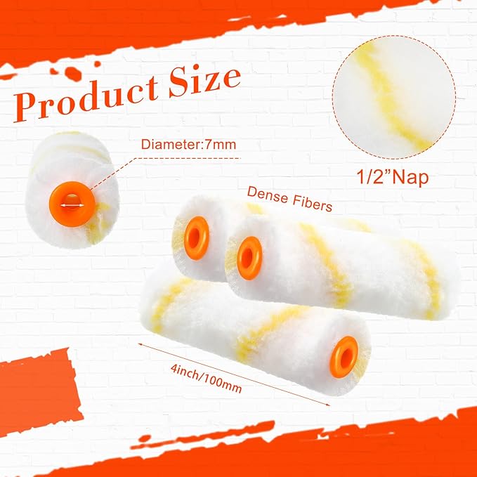 Nuogo 150 Pcs 4 Inch Mini Paint Roller Cover 1/2" Nap Small Microfiber Roller Covers Home Repair Tools House Household Supplies Kit(Yellow)