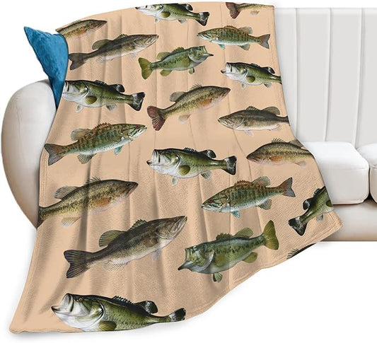 Fish Bass Blanket Decor Gifts for Fishing Lovers, Flannel Fleece Fuzzy Throw Blanket, Soft Warm Cozy Plush Ocean Animal Blankets for Bed Couch Living Room Stuff Decoration for Kids Adult Man 50"x40"
