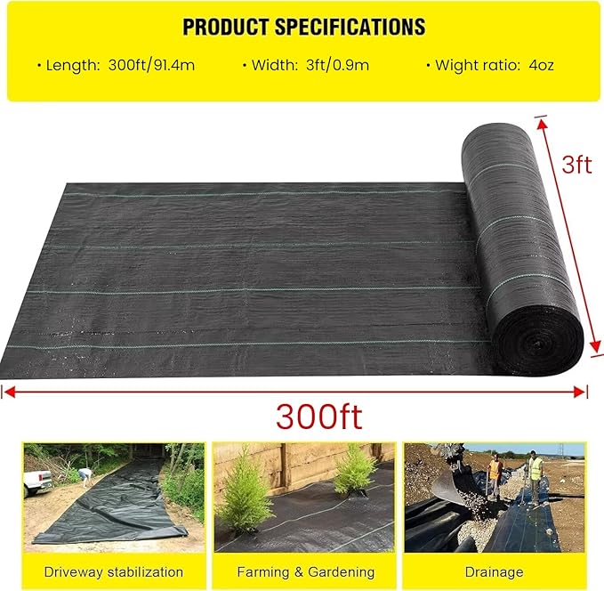 DWALE 3x300 ft 4OZ Black Polypropylene Plain Weed Barrier Fabric for Driveway, Landscaping & Construction Projects