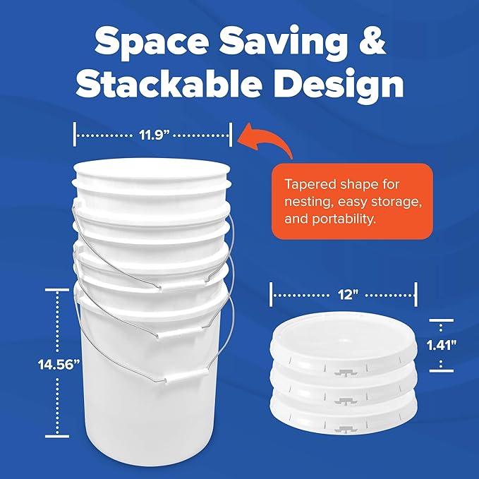 ePackageSupply 5 Gallon Bucket with Airtight Lid | Made in USA | Food Grade | Heavy-Duty Premium HPDE Plastic | Durable 90 Mil All Purpose Pail | Easy Stack and Store | BPA Free (White, 12)