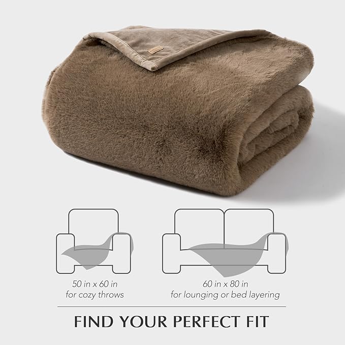 EVERGRACEHOME Luxury Soft Faux Chinchilla Fur Throw Blanket for Couch, Warm Thick Heavy Winter Throw Blanket 1220GSM for Bed, Fluffy Cozy Mink Blanket with Reversible Velvet, Tawny Mink, 50"x60"