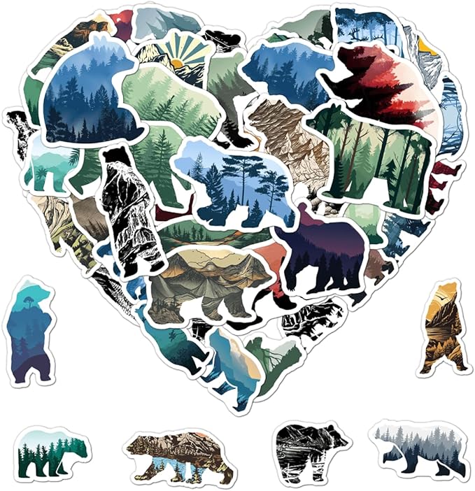 Pack 50 Pcs Funny Animal Grizzly Bear Stickers for Water Bottles Waterproof Laptop Luggage Computer Scrapbooking Teens Adults Girls Boys Aesthetic Sticker Packs Small Vinyl Decals