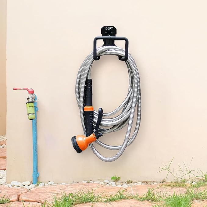 Garden Hose 25FT Stainless Steel Water Hose with 10 Functions Adjustable Spray Nozzle, Heavy-Duty Metal Garden Hose Flexible Durable No-Tangle & Kink Leak Dog Proof Hose for Yard Lawn(Orange)
