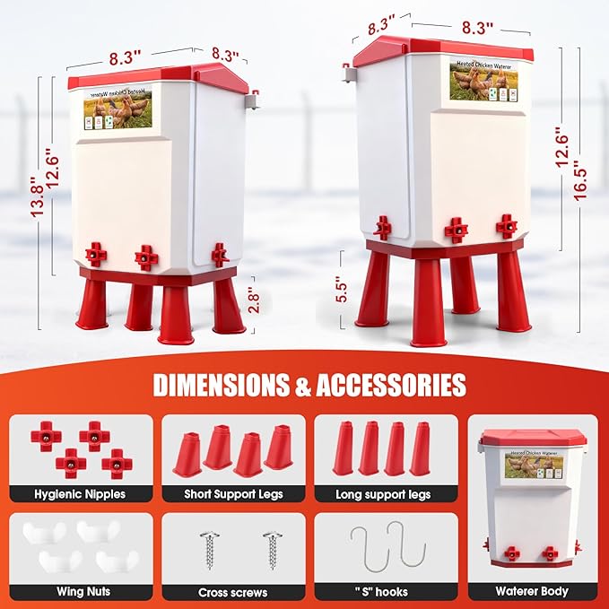3 Gallon Heated Chicken Waterer for Winter Automatic Chicken Water Heater,Adsjustable Height Anti-Freezing Poultry Watering System with Thermostatic Control,Red,12.6 in x 8.3 inch x 8.3 in