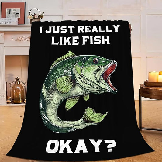 Fish Blanket Super Cozy Soft Bass Fishing Throw Blanket Gifts for Fisherman Men Warm Plush Fluffy I Just Really Like Fish Stuff Gifts Fleece Flannel Gift Blankets for Kids Adults 80"X60"