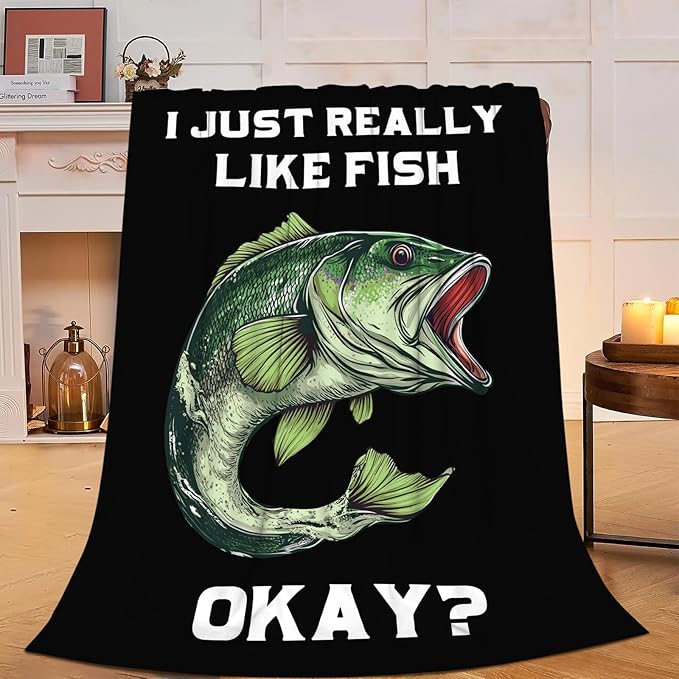 Fish Blanket Super Cozy Soft Bass Fishing Throw Blanket Gifts for Fisherman Men Warm Plush Fluffy I Just Really Like Fish Stuff Gifts Fleece Flannel Gift Blankets for Kids Adults 50"X40"