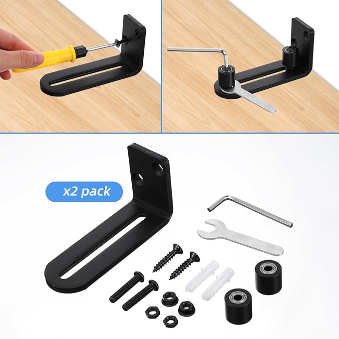 4 Pcs Black Sliding Barn Door Floor Guide Flush Design Wall Mount Bottom Adjustable Roller Flat Non Scratch Barn Door Hardware Kit (2 Assemble Setup Options)