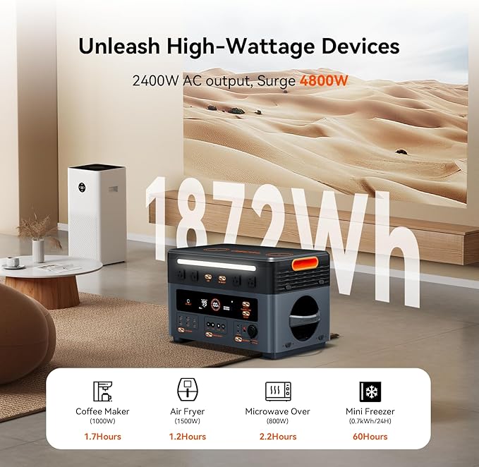 Oscal PM2400 Portable Power Station, 1872Wh LiFePO4 Home Backup Battery, Dual Speaker 2400W Solar Generator(Surge 4800W), Dual Wireless Charging Pad, with 2 * 400W solar panel