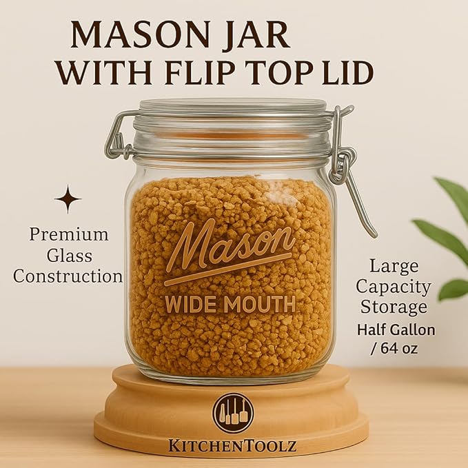 kitchentoolz 64 oz Mason Jars Wide Mouth with Airtight Lids – Set of 2 Half Gallon Glass Jar with Lid – Large Mason Jars with Lids for Kitchen Pantry, Storage, and Canning