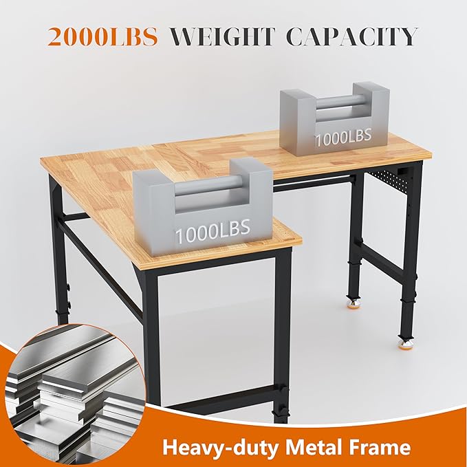 Betterhood 48"/60" Heavy-Duty Adjustable Workbench for Garage, Rubber Wood Shop Table,Hardwood Workstation Weight Capacity Over 1500 Lbs (L Shape/Rubber Pad/Power Outlets/Ruler/57.1" x47.2)