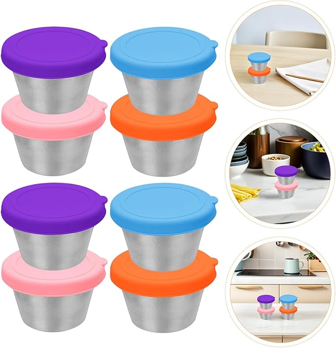 ABOOFAN 8pcs Salad Dressing Containers with Silicone Lids Leakproof Small Sauce Containers Reusable Stainless Steel Sauce Cups for Lunch Box Picnic And Travel