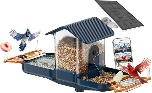 Dual-Lens Bird Feeder with Camera & Bird Bath Combo, Watch Birds Eat & Bathe with WiFi 2K HD Video, Auto Record, AI Recognition, APP Alerts, Solar Powered, for Backyard Garden Porch Fence Decor