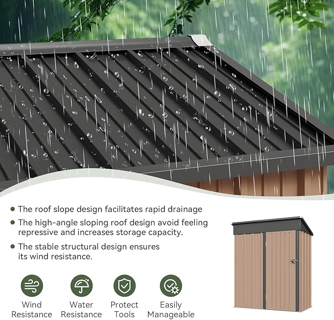Aoxun 5x3 FT Shed Outdoor Waterproof Storage Shed Metal Garden Shed with Lockable Doors & Slooping Roof for Backyard, Patio, Poolside (Brown)