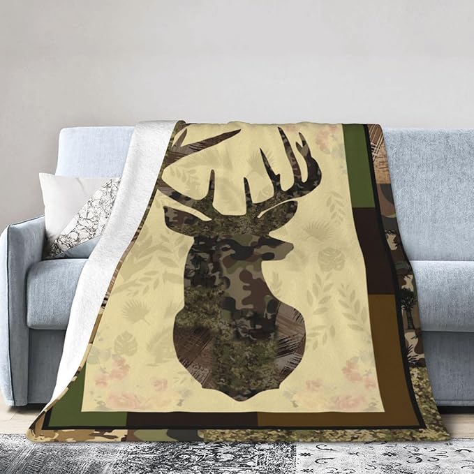 Deer Blanket Camo Hunting Throw Blanket Cozy Plush Dad Elk Fleece Flannel Ultra Soft Blankets Lightweight Fuzzy Warm Gifts for Adults Men 60"X50"
