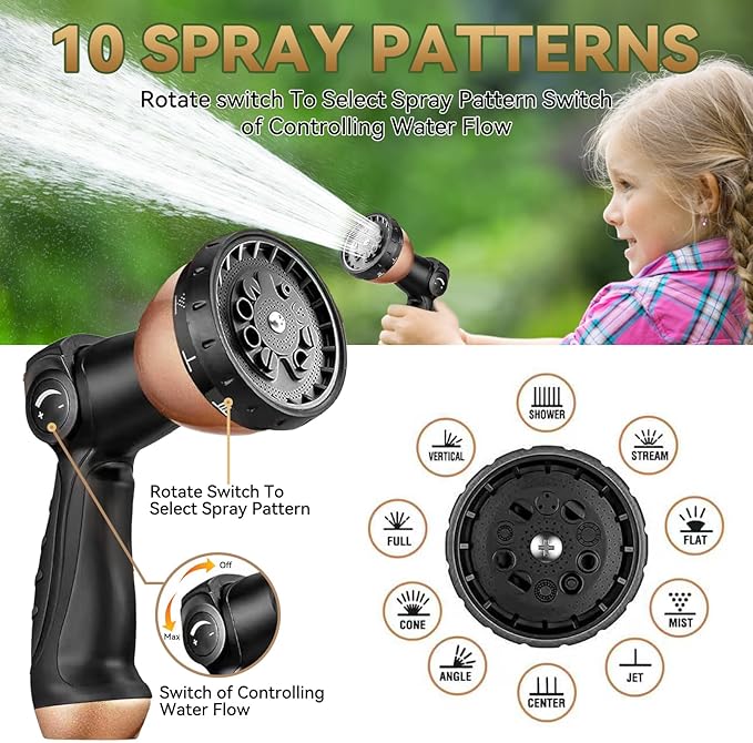 75 ft Expandable Garden Hose - Kink Free Flexible Water Hose with Thumb-Controlled 10-Function Nozzle, 3/4 Solid Brass Connectors, Retractable Latex Core - Lightweight Expanding Hose