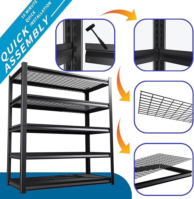 81''H/45''W Garage Shelving Heavy Duty 5-Tier Adjustable Storage Shelves Unit,3000 LBS Metal Utility Rack Shelf for Industries, Warehouses, Basement,Black (81'H x 45.7''W x 21''D)