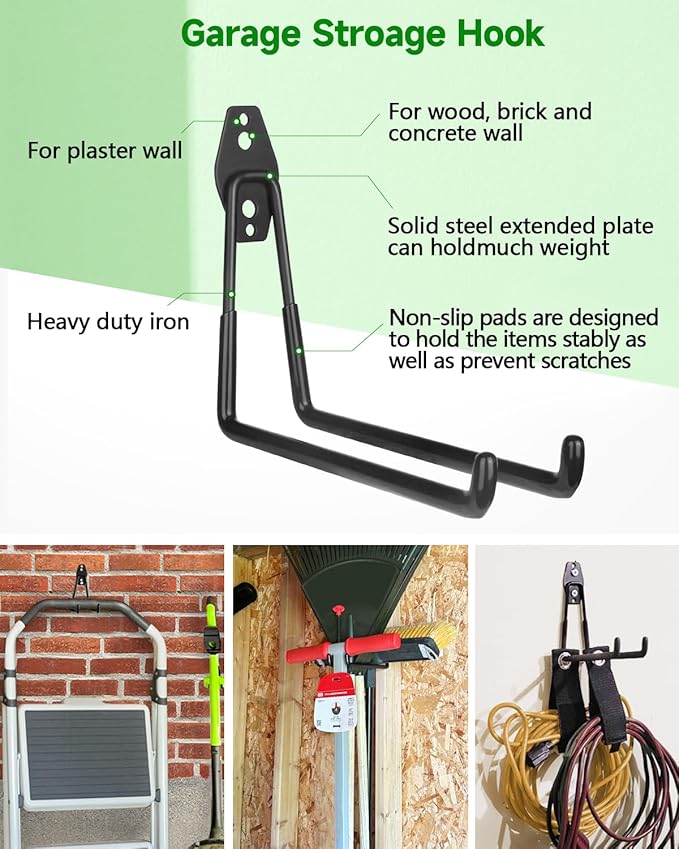Garden Tool Organizer 48 in with 18 Garage Hooks, Heavy Duty Garage Wall Hooks for Hanging Ladder, Bike, Tool Storage Rack for Yard Tools, Shovel, Shed (23 Pack)