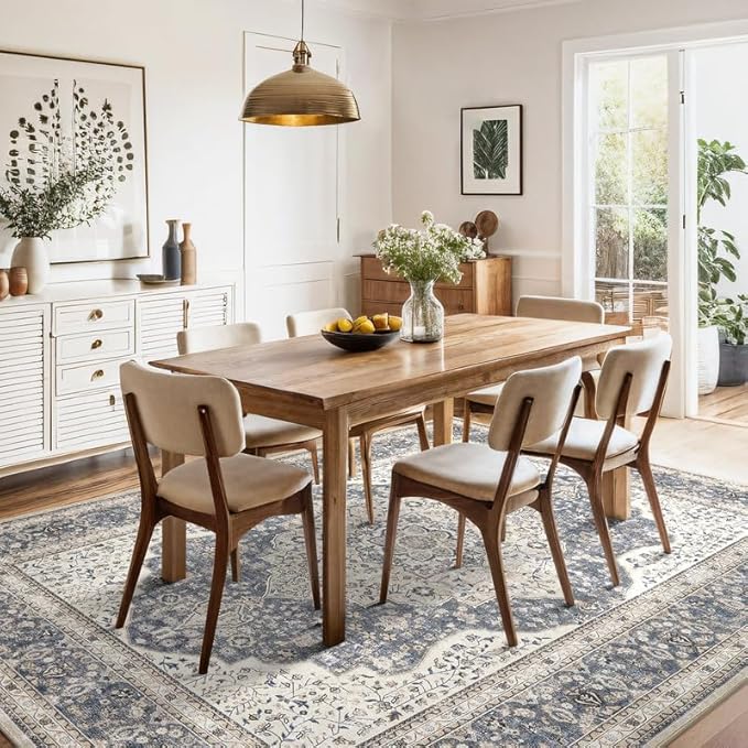 Washable Rug 8x10 Area Rugs for Living Room Bedroom Dining Room Home Office Floor Decor -Stain & Fade Resistant Non Slip Backing Carpet,Ultra-Thin Vintage Large Carpets (Blue/Beige,8'x10')