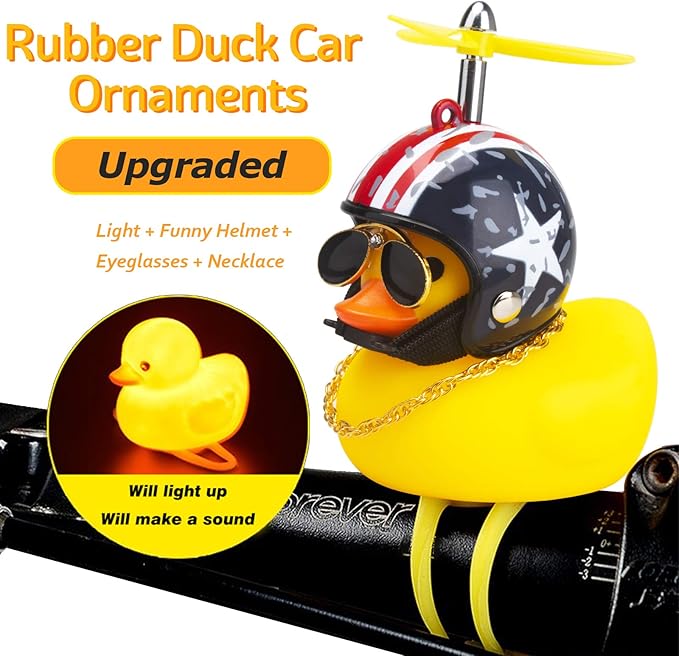 wonuu Rubber Duck Toy Car Ornaments Yellow Duck Car Dashboard Decorations Squeeze Duck Bicycle Horns with Propeller Helmet