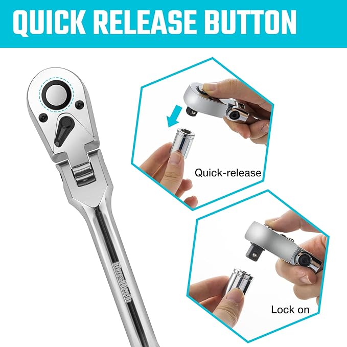 DURATECH 3/8" Drive Flex-Head Ratchet, 72-Tooth Ratchet Wrench, Quick-release, Reversible Switch, Full-Polished Chrome Plating, Alloy Steel