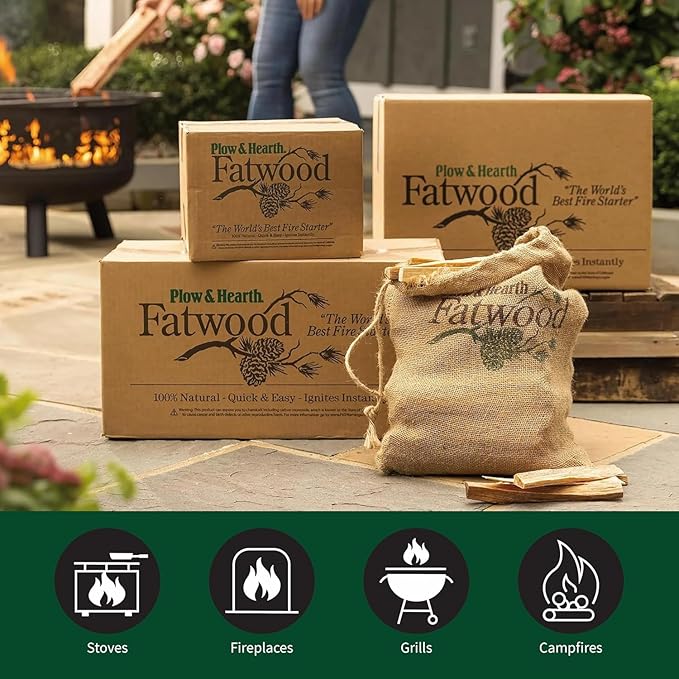 Plow & Hearth 40 LB Fatwood Fire Starter, Organic Kindling Sticks, Non Toxic All Natural Firestarters for Wood Stoves Fireplaces Campfires Fire Pits, Easy Ignition Fat Wood