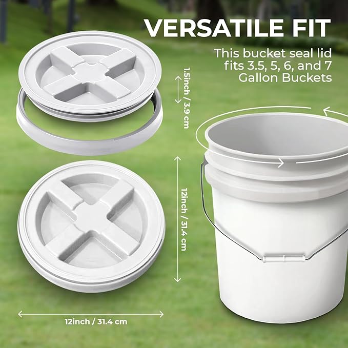 5-Gallon White Bucket Pail with Gamma Seal Screw on Airtight Lid, Heavy-Duty 90MIL Extra Durable, Food Grade, Metal Handles with Plastic Grip for Easy Carrying, Easy Stack & Store, BPA Free - 2 Pack