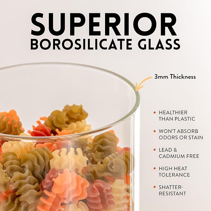 Glass Airtight Food Storage Containers with Silicone and Glass Lids – BPA-Free Jars and Canisters for Pasta Rice Flour, Dry or Wet Foods, Pantry Meal Prep – Set of 5 with Portion Tool