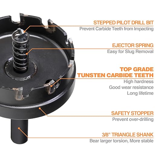 Tungsten Carbide Tipped Hole Cutter, 2-1/8 inch TCT Hole Saw, Oxided Coating with Tri-Flat Shank, 5mm Hole Depth Heavy Duty, for Stainless Steel, Mild Steel, Iron, Copper, Brass, Plastic