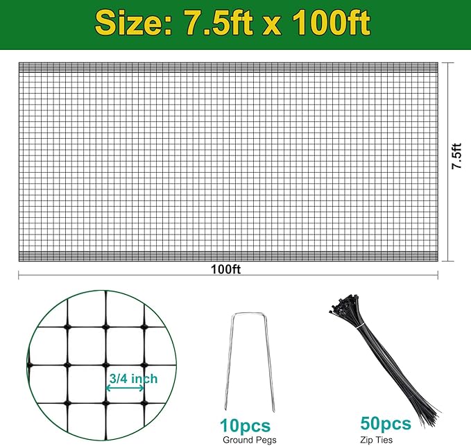 KLEWEE Bird Netting, 7.5 x 100 FT Heavy Garden Netting Deer Netting for Protect Fruit Trees, Plants and Vegetables Against Birds, Deer, Squirrels and Other Animals