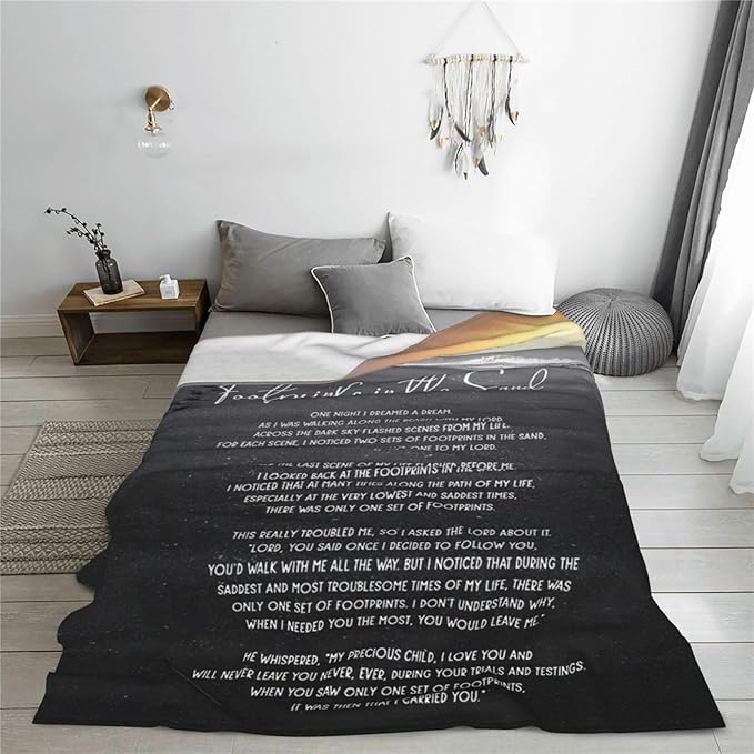 Footprints in The Sand Blanket Christian Gifts Bible Verse Scripture Throw Blanket Comfy Plush Flannel Fleece Warm Soft Fluffy Fuzzy Blanket for Prayer Adults Women Men for Bed Sofa Couch 50"X60"