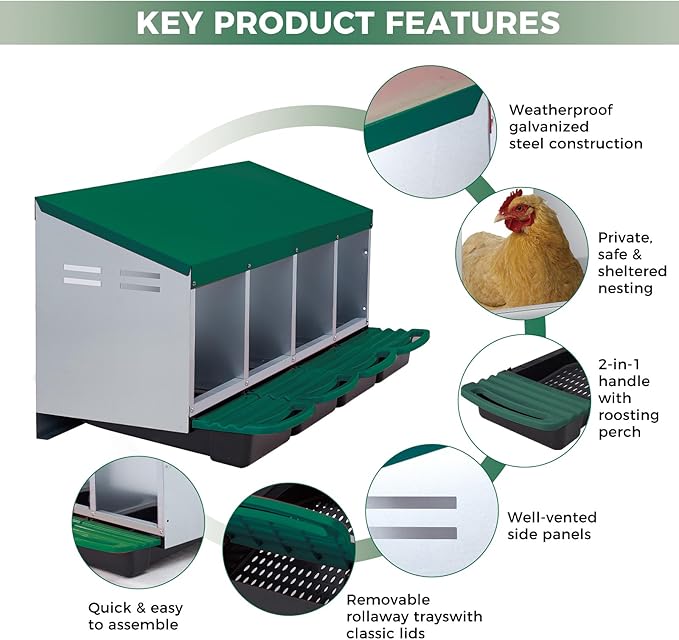 GarveeLife Chicken Nesting Box, 4 Compartments Laying Nest Boxes for Laying Eggs Chicken Brooder Box Nest Box with Perch 4 Hole Green