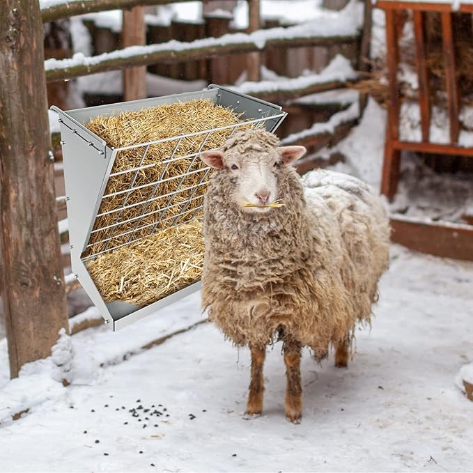 Wall Mount Hay Rack, Heavy-Duty Galvanized Metal 2 in 1 Hay and Grain Feeder, Livestock Feeder with Adjustable Distance, Hay Feeder for Goats, Sheep, Horse