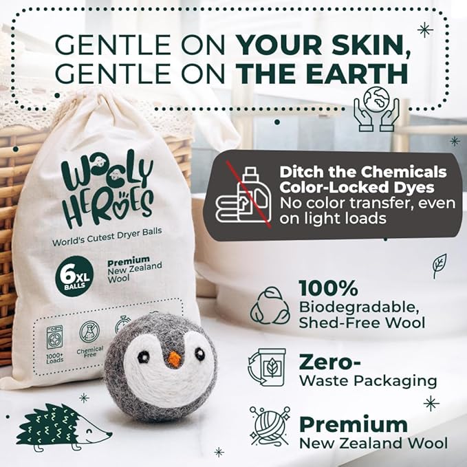 No More Dryer Sheets! Reusable Wool Dryer Balls XL 6-Pack - Reduces Static, Cuts Dry Time, & Softens Naturally