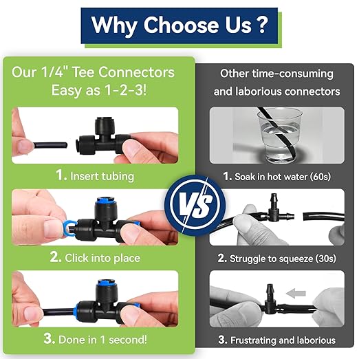 10 Pack 1/4" Drip Irrigation Tee Connectors, Quick Connect Universal Drip Irrigation Tubing Coupling Valve, Connector Locking Fitting for Sprinkler or Drip Irrigation System