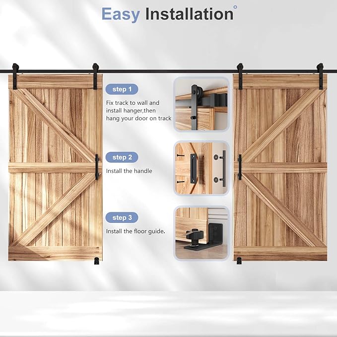EaseLife 16 FT Double Sliding Barn Door Track and Handle Hardware Kit, Straight Pulley,Slide Smoothly Quietly,Easy Install (16FT Track Kit for 44"~48" Wide Double Door)