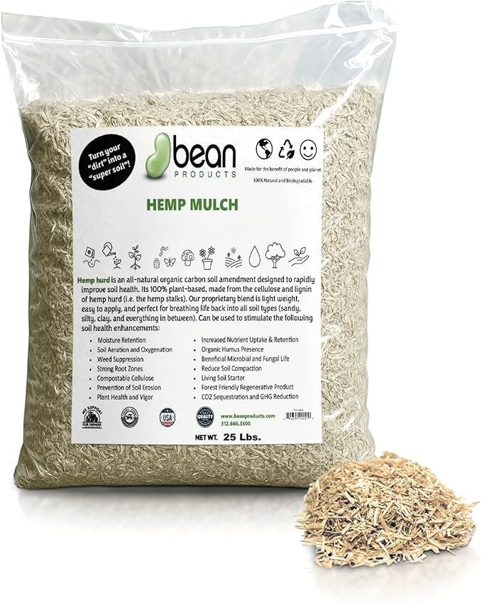 Garden Bed Organic Soil Conditioner - Hemp HURD Garden Mulch - Eco Friendly Potting Soil Aid - Moisture Retaining - Weed Suppressor - Perfect for Flowers & Vegetables - Grown in The US - 25 lbs.