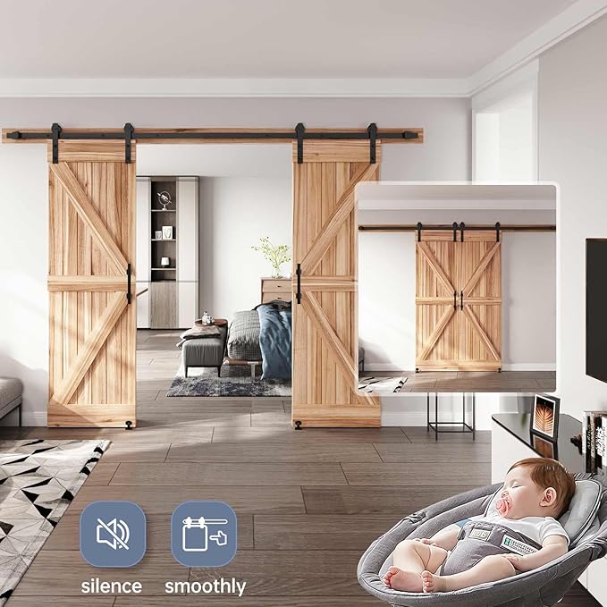 EaseLife 10 FT Double Sliding Barn Door Track and Handle Hardware Kit,Straight Pulley,Slide Smoothly Quietly,Easy Install (10FT Track Kit for 27"~30" Wide Double Door)