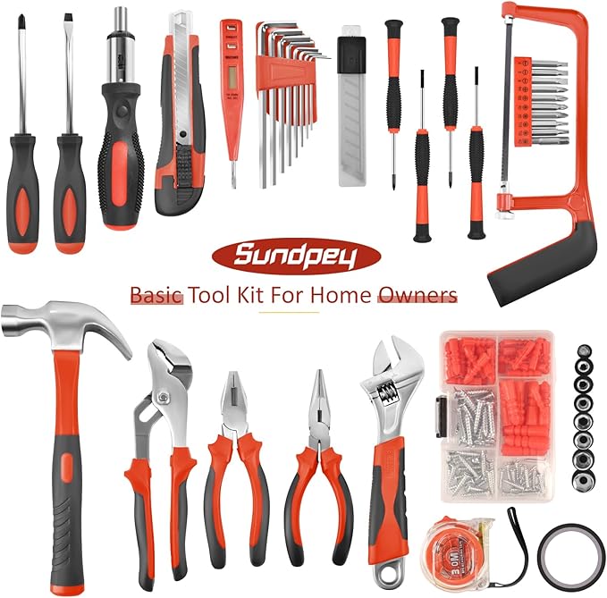 Sundpey Home Tool Kit 148-Pcs - Household Basic portable Hand Repair Tool Set with Case & Ratcheting Screwdriver & Hex Key & Pliers & Wrench & Voltage Tester & Water Pump Plier for Men Women