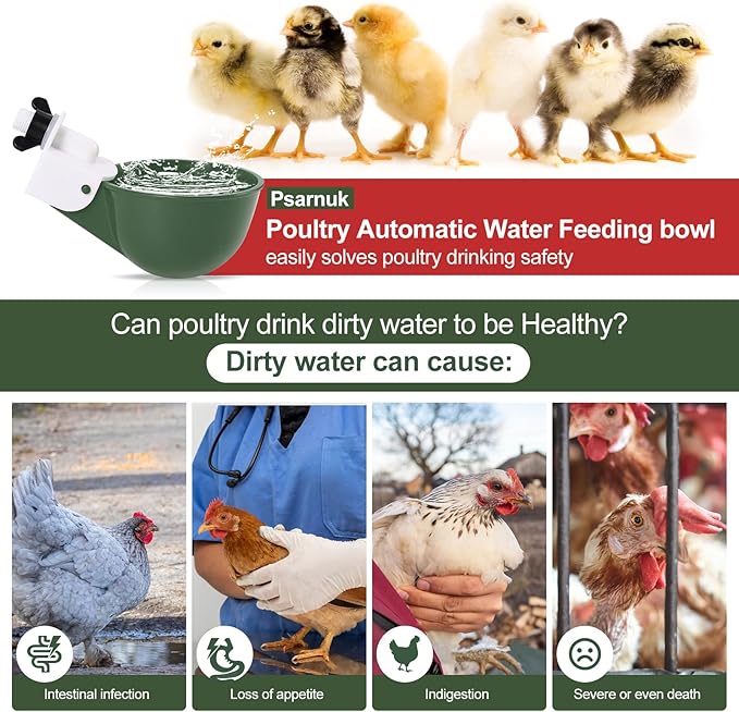 Chicken Waterer Cups (8 Pack/Green) - DIY Automatic Large Chicken Water Feeder for Ducks,Chicks, Turkeys, Quail, Bunny, Bird and Other Various Poultry Dispenser with Matching Drill