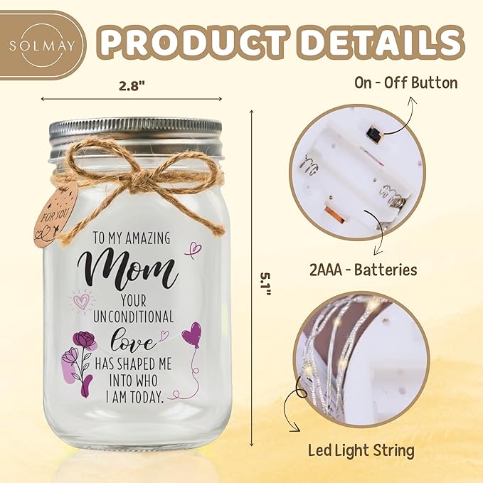 SOLMAY Mom Gifts – Mason Jar Night Light with Quotes – Sentimental Christmas, Birthday & Mother’s Day Gift from Daughter or Son – Inspirational Décor Jar with LED Fairy Lights