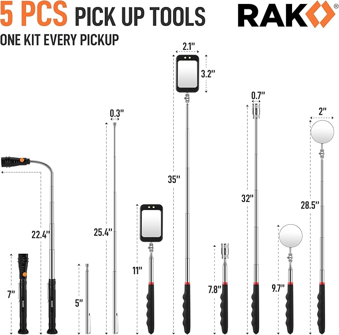 RAK Magnetic Pickup Tool Set Gifts for Men - 5Pcs with 360 Swivel Inspection Mirrors, Telescoping Magnet Pickup Tool, Flexible LED Flashlight, Mechanic Tools & Cool Gadgets for Men, Dad, Husband