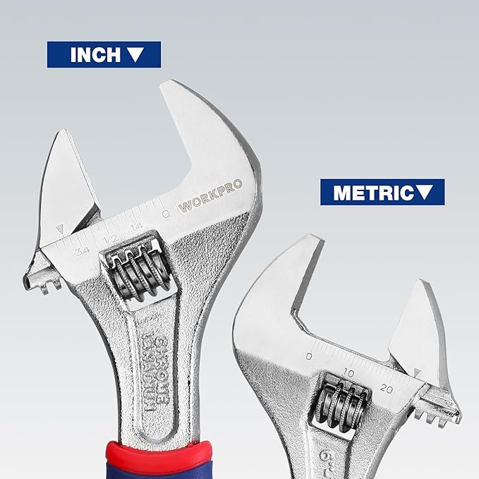 WORKPRO 6-inch Adjustable Wrench, Wide Jaw Opening Wrench with Rubber Anti-slip grip, Metric/SAE Scales, Premium Cr-V Steel, Chrome Plated