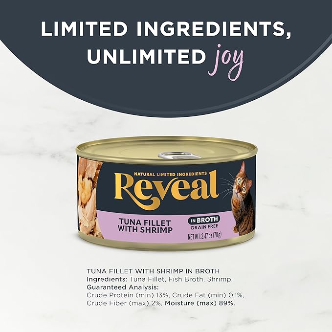 Reveal Natural Wet Canned Cat Food, Limited and Natural Ingredients, Grain Free, High Protein with No Artificial Additives, Tuna Fillet with Shrimp in Broth (24 x 2.47 oz Cans)