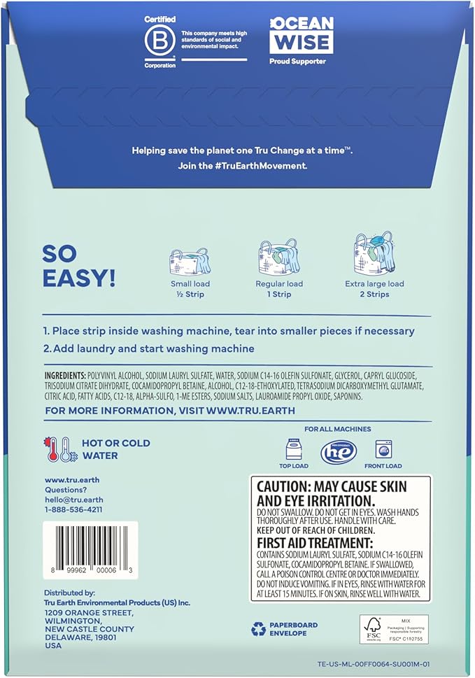 Tru Earth Compact Dry Laundry Detergent - Up to 128 Loads (64 Sheets) - Paraben-Free - Original Eco-Strip Liquidless Detergent, Travel | Packaging May Vary