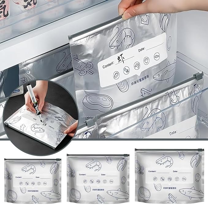 30 Pcs Reusable Aluminum Foil Sealable Storage Bags, 2025 New Resealable Vacuum Zipper Pouches for Food, Stand Up Foil Sealable Bags with Label and Zip Lock for Vegetable Fruit Meat (3 Size)
