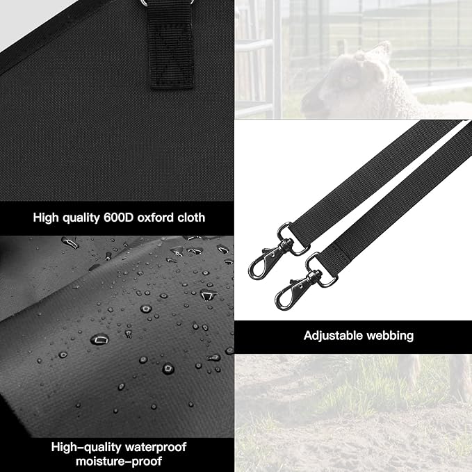 Goat Hay Feeder,Hay Bags for Goats,Horses,Sheep,Premium 600D Oxford Cloth,with Metal Fastener and Adjustable Open Feed Hole for Slow Feeding,Easy to Fill and Hang with Large Opening (Black)