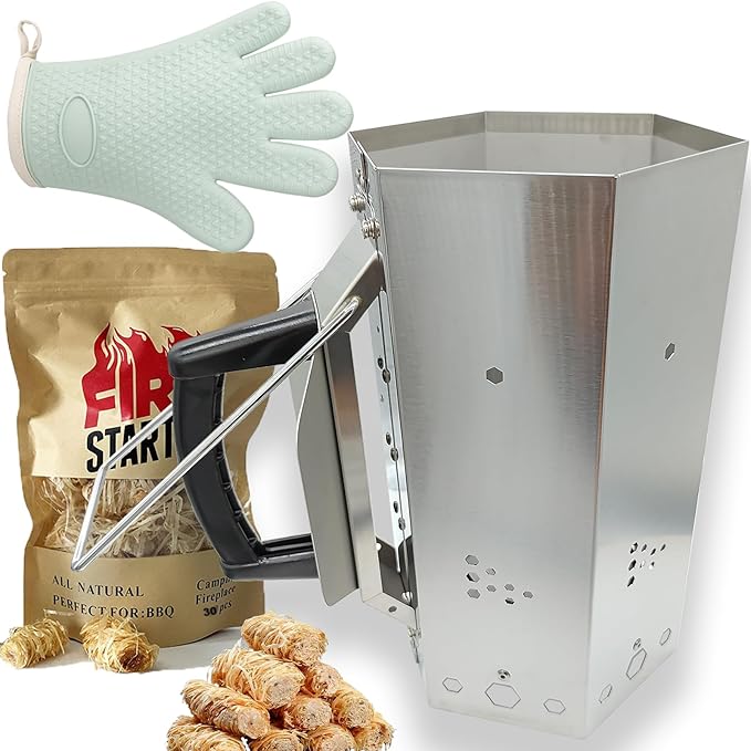 Larger Charcoal Chimney Starter with 30Pcs Fire Starter for Quickly Lighting BBQ Coals, Stainless Steel Chimney Starter Charcoal Grill Accessory with Heat Resistant Bakelite Handle