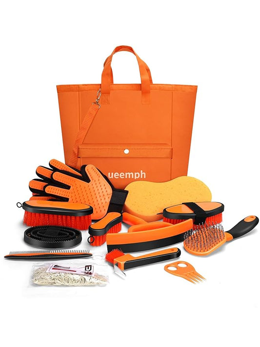 Horse Grooming Kit（13-Piece），Orange Horse Brushes,Storage Bag, Sweat Scraper,Mane Comb,Horse Grooming Gloves, Gifts for Girls (Orange)