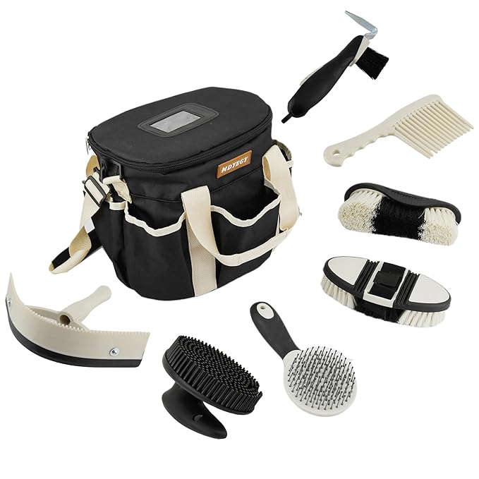 8Pcs Horse Grooming Kit,Horse Brush Set Equine Care Cleaning Kit with Organizer Tote Bag, Tack Room Supplies Set for Grooming and Bathing