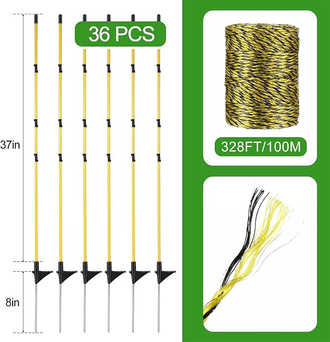 Sasylvia 36 Pcs 45 Inch Fiberglass Electric Fence Posts with 328 Feet Poly Wire Easy Step in Posts Electric Fence Kit for Goats, Sheep, Lambs Livestock in Garden Backyard Farm